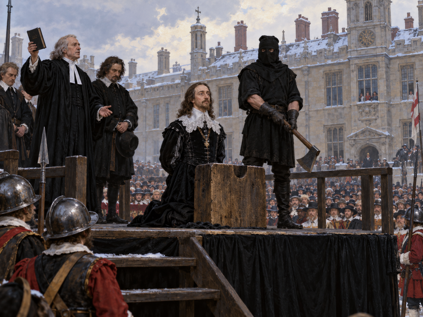 Illustration of Charles I on an execution platform with soldiers and a crowd