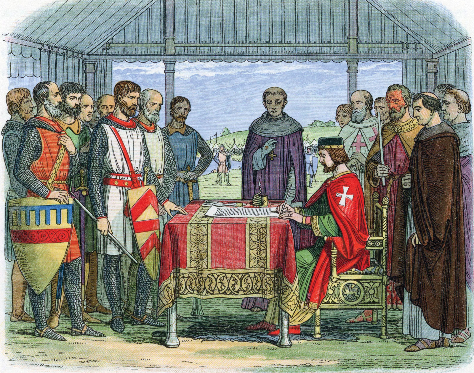 Illustration of King John with barons around a charter